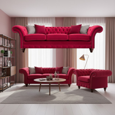 Chesterfield Rote Couchgarnitur Edler Textilsessel Polster Dreisitzer