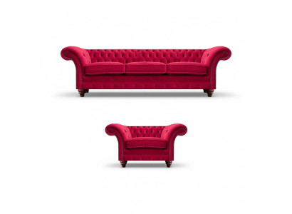 Chesterfield Rote Couchgarnitur Edler Textilsessel Polster Dreisitzer