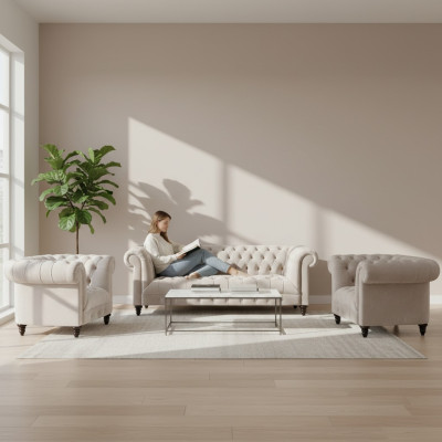 Tyylikäs Chesterfield -sohvajoukko moderni TextilCouch 2x Lehn -tuolit