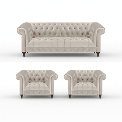 Tyylikäs Chesterfield -sohvajoukko moderni TextilCouch 2x Lehn -tuolit