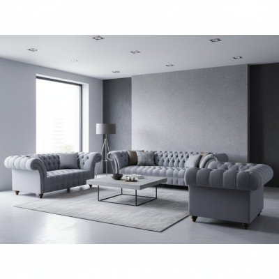 Hellgraue Chesterfield Polstergarnitur Designer Textil Sofas Sessel 3tlg