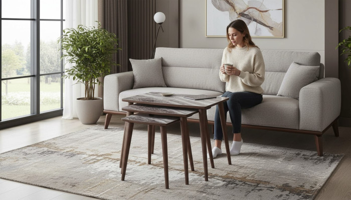 Moderni olohuone 3x sohvapöytä-sarja suorakulmainen beige sivupöytä