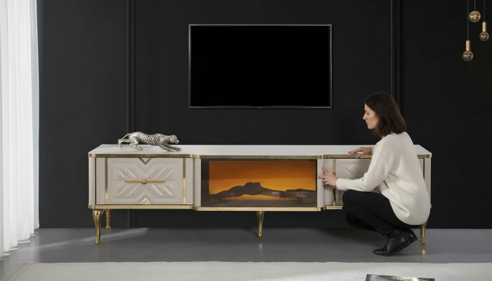Olohuoneen sivukaappi valkoinen + kultainen takka Luxury RTV-alushylly eksklusiivinen