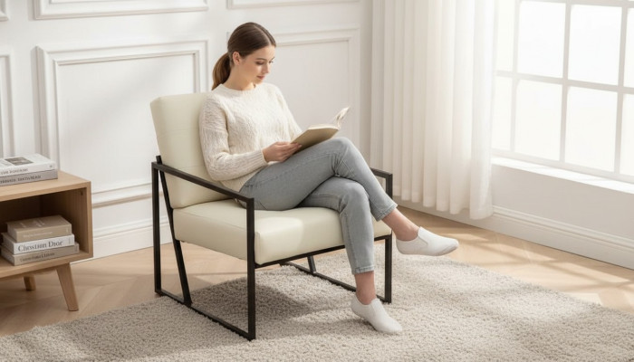 Eksklusiivinen nojatuoli olohuone moderni tyyli beige tekstiili metallijalat