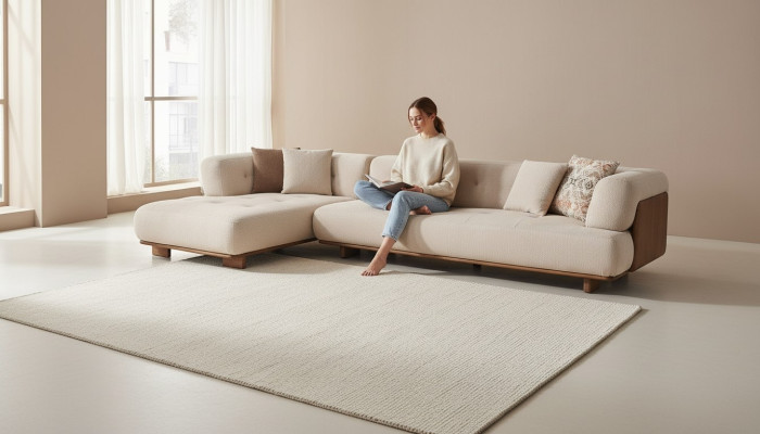 Tyylikäs beige -sohvakalusteiden kulma -sohva l -muotoiltu huonekalut kolme