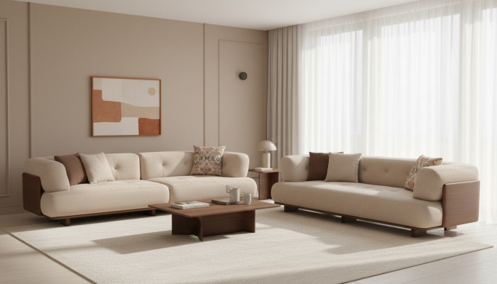 Tyylikäs beige -sohvakalusteiden kulma -sohva l -muotoiltu huonekalut kolme