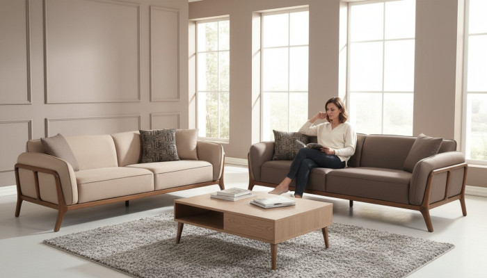 Tyylikäs beige kolmen tyyppinen koriste olohuoneen verhoiltu sohva istuinkalusteet