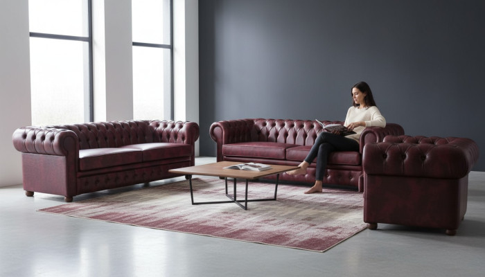 Klassinen nahka-sohva sohva 3-paikkainen sohva-sofagarnitur nojatuoli Chesterfield set 3tlg.