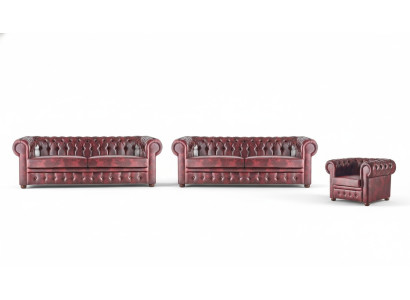 Klassinen nahka-sohva sohva 3-paikkainen sohva-sofagarnitur nojatuoli Chesterfield set 3tlg.