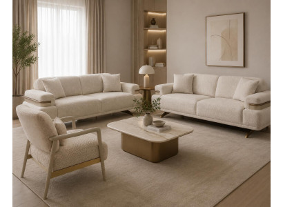 Wohnzimmer Set: 2х 3-Sitzer-Sofa, Sessel Moderner Stil Beige Praktisch