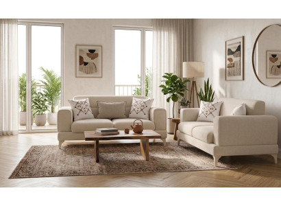 Wohnzimmer Set 3-Sitzer 2-Sitzer Sofa Beige Stoff Modern Polstermöbel