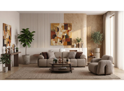 Wohnzimmer Set 3 Sitzer Sofa Sessel Modern Grau Abgerundet