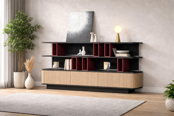 Modulaarinen beige konferenssipöytä, jossa on sisäänrakennettu laatikko ja moderni muotoilu