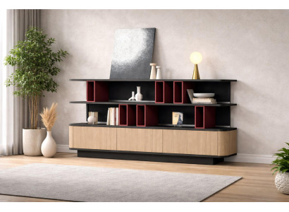 Modulaarinen beige konferenssipöytä, jossa on sisäänrakennettu laatikko ja moderni muotoilu