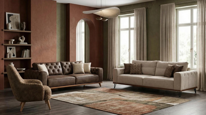 Beige-braunes Wohnzimmer-Set 3+3-Sitzer-Sofas Sessel Wohnzimmermöbel